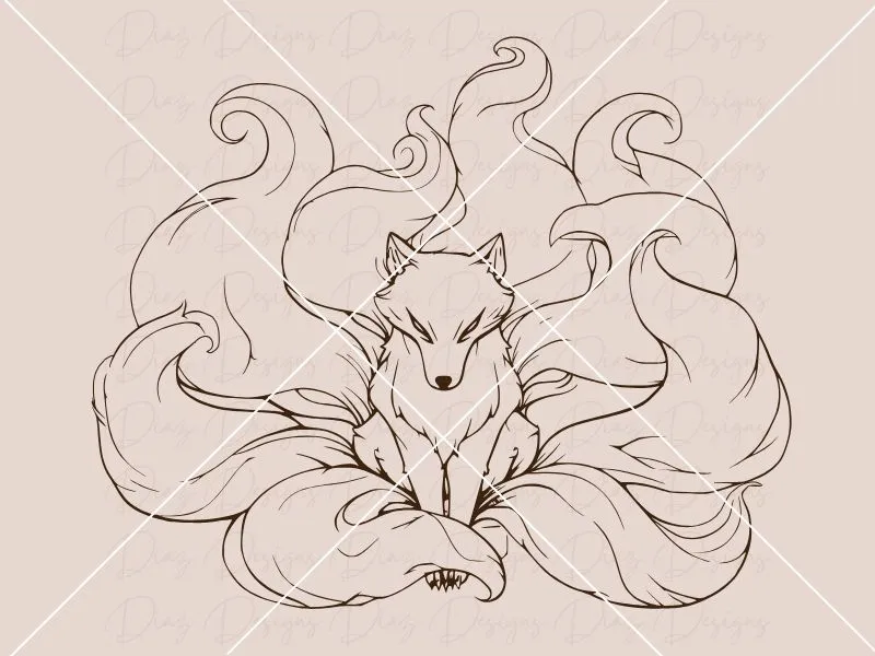 A vector design of a nine-tailed kitsune fox, front view.