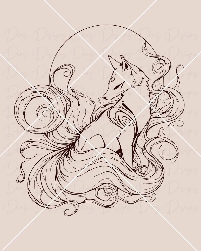 A line-art style vector design of a kitsune.